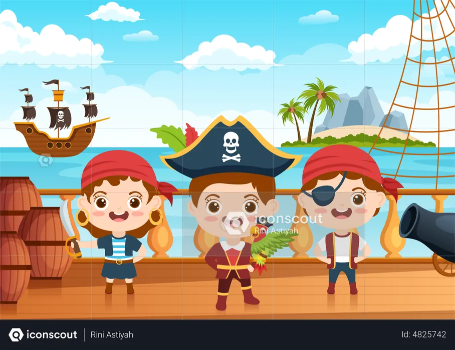Pirate man and salad boy on ship  Illustration