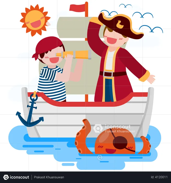 Pirate man and salad boy use binocular on ship and squid in the sea  Illustration