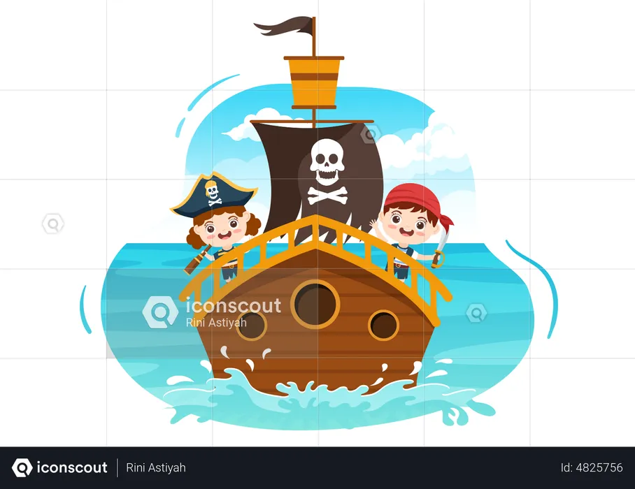 Pirate on boat in sea  Illustration