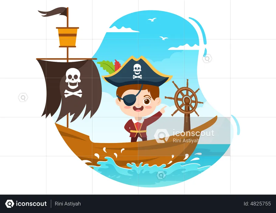 Pirate on ship in ocean  Illustration