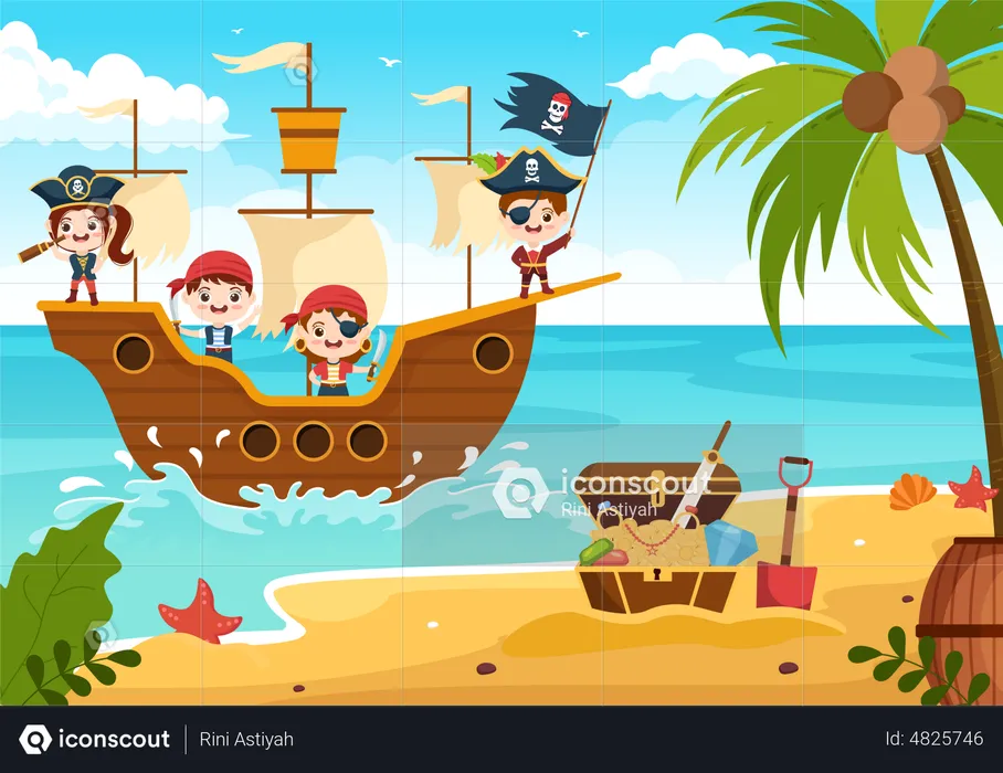 Pirate on ship in sea  Illustration
