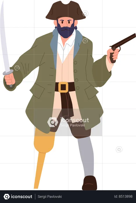 Pirate raising sable and handgun weapon ready to attack  Illustration