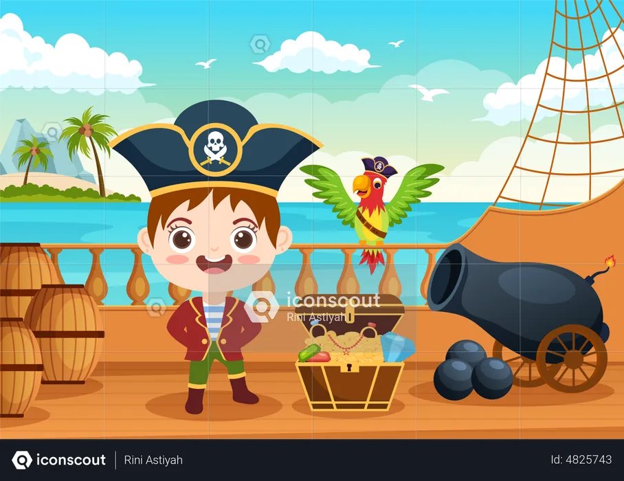 Pirates on Ship on Sea  Illustration