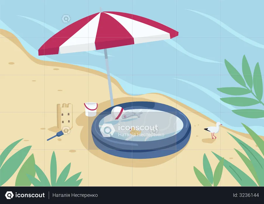 Piscine gonflable et parasol sur la plage de sable  Illustration