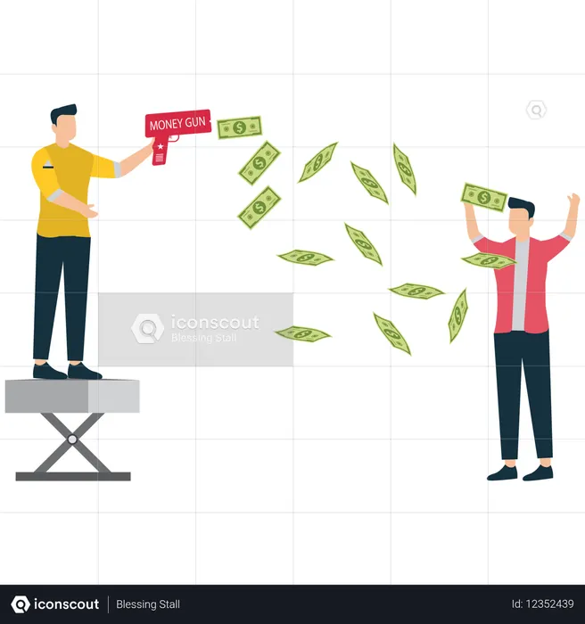 Pistola de dinero que lanza dinero a un inversor feliz  Ilustración