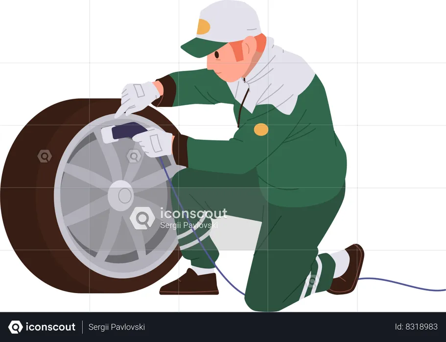 Pit stop technician engaged in sport formula racing car wheel replacement  Illustration