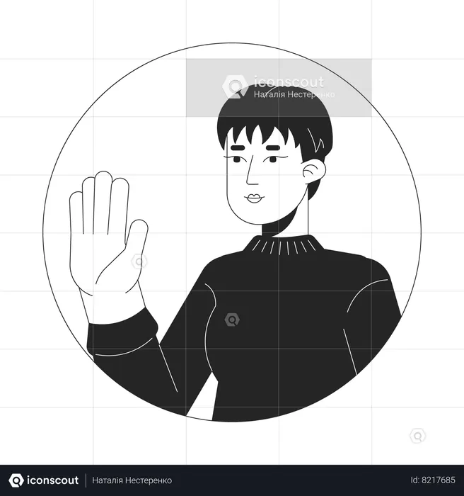 Pixie cut korean woman waving hand  Illustration