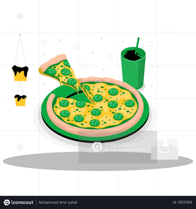 Pizza com bebida gelada  Ilustração