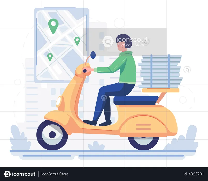 Pizza delivery man delivering pizza using scooter  Illustration