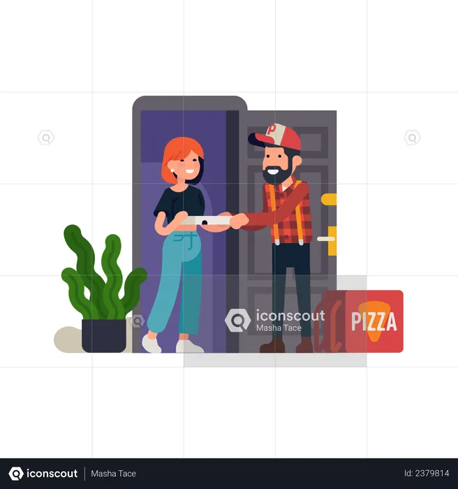 Pizza delivery man handing out a box of pizza to a customer standing in front door  Illustration