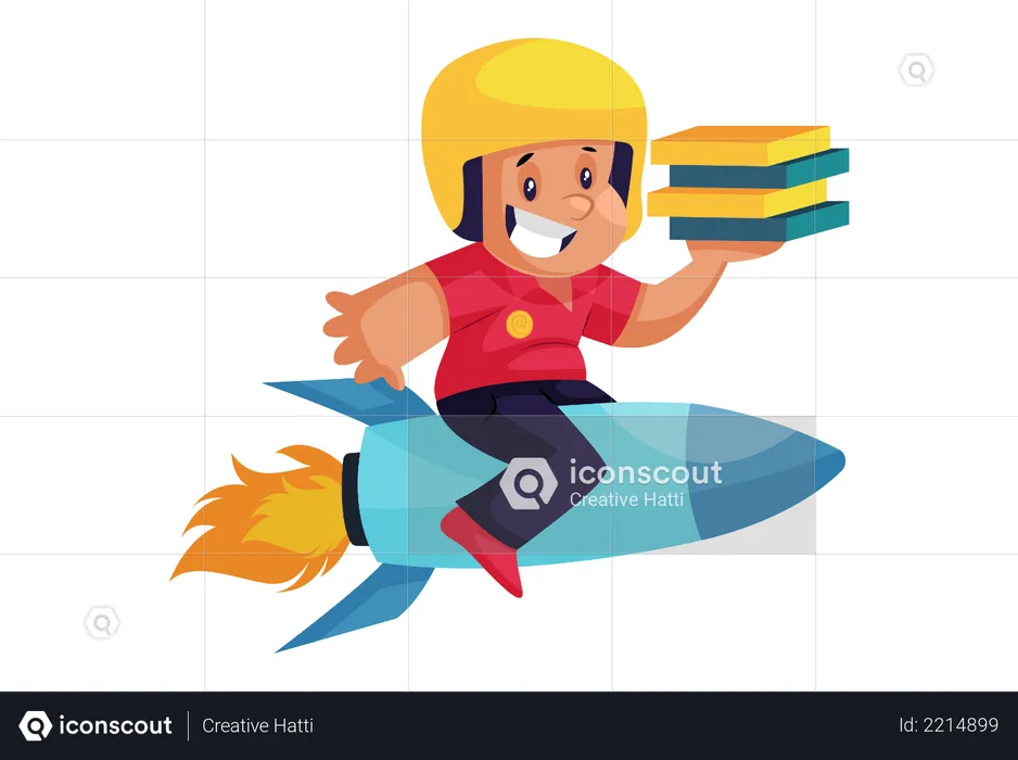 Pizza Delivery Man on rocket with pizza  Illustration