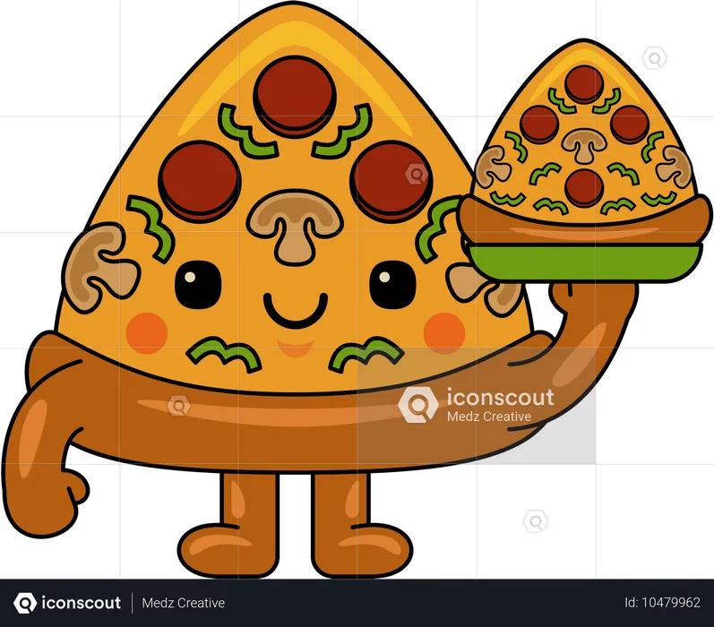 Mascote de pizza segurando uma fatia de pizza  Ilustração