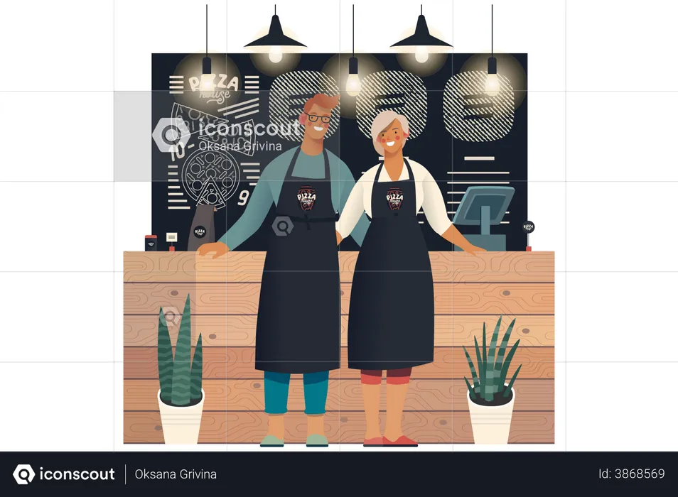 Pizza Shop owners Standing together  Illustration