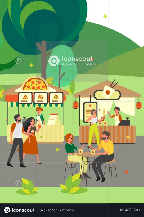 Pizza- und Kaffeestand im Park  Illustration