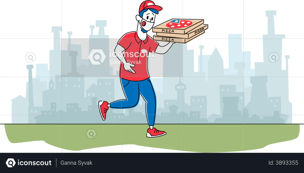 Pizzeria Courier Wearing Mask Delivering Pizza to Customers  Illustration
