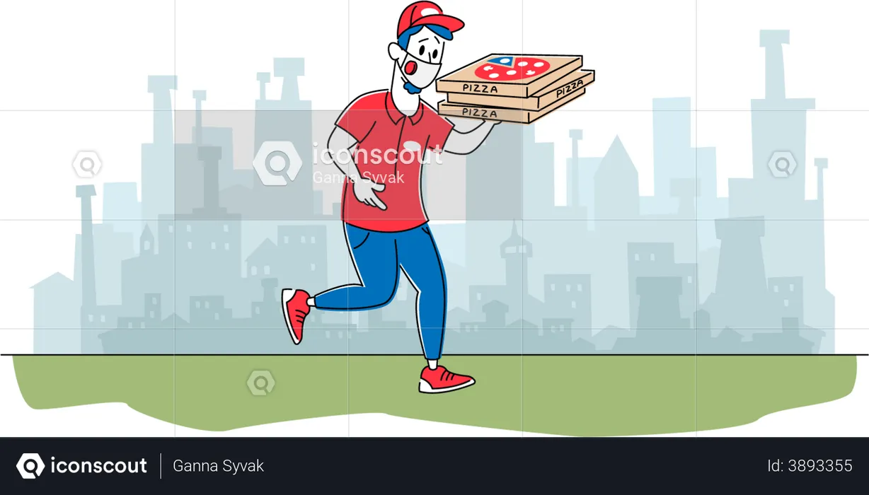 Courrier de pizzeria portant un masque livrant des pizzas aux clients  Illustration