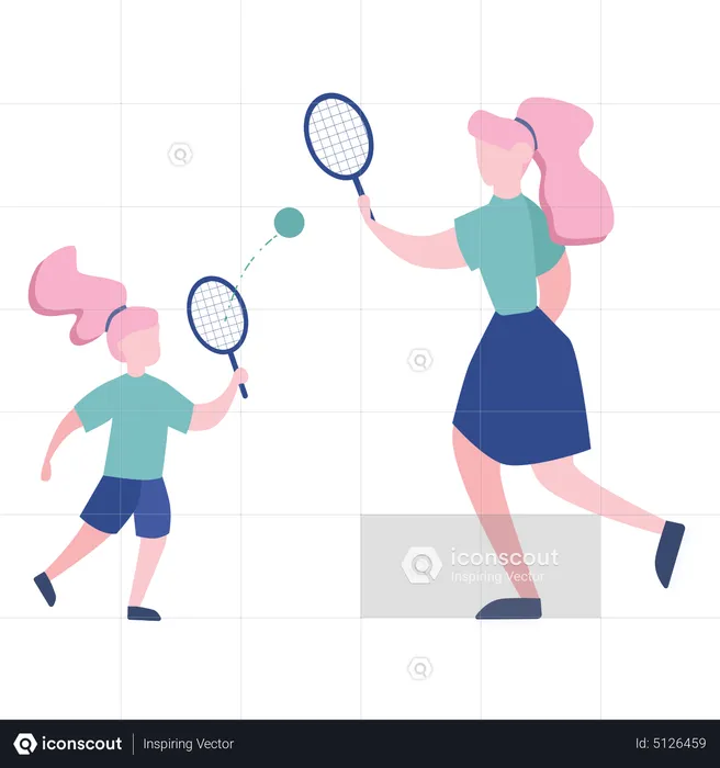 Mère et fille jouant au tennis  Illustration