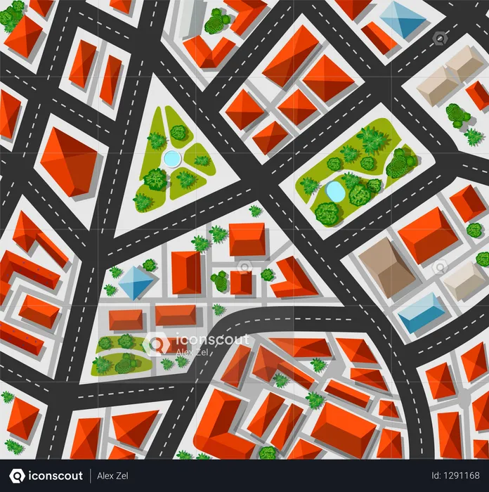 Plan for the big city with streets, roofs, cars  Illustration