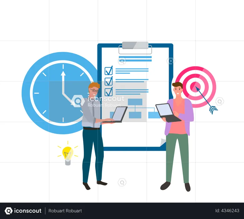 Plan de desarrollo, estrategia, trabajo en equipo con portátiles.  Ilustración