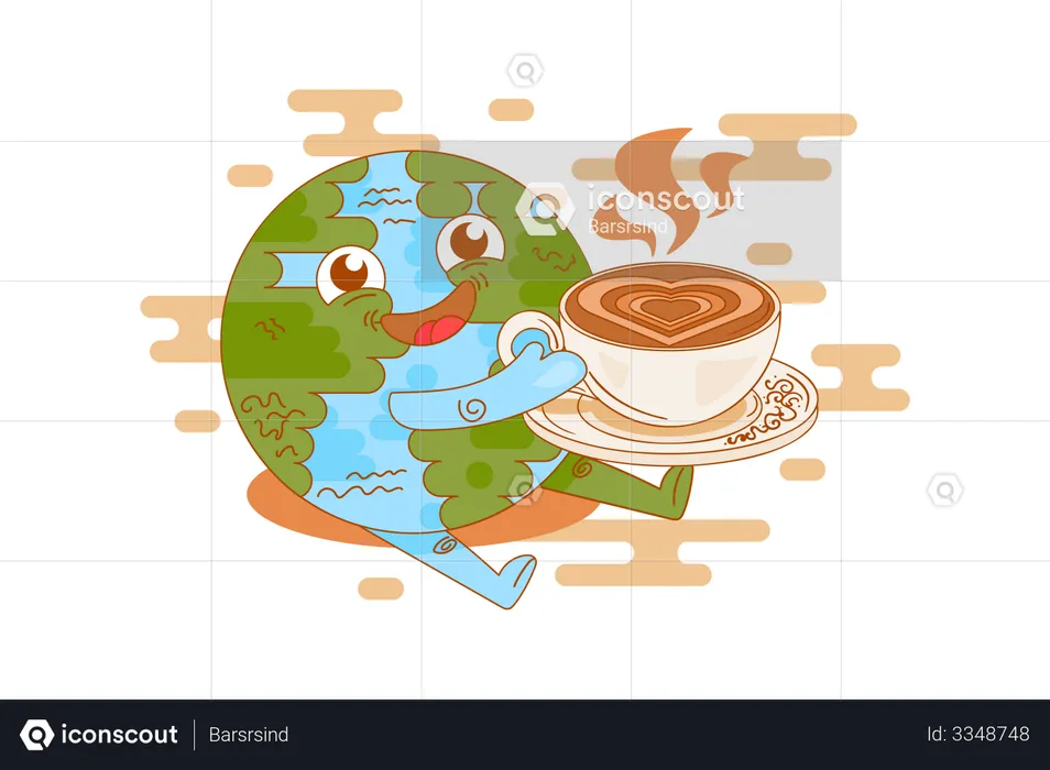 Planet earth drinking coffee at break time  Illustration