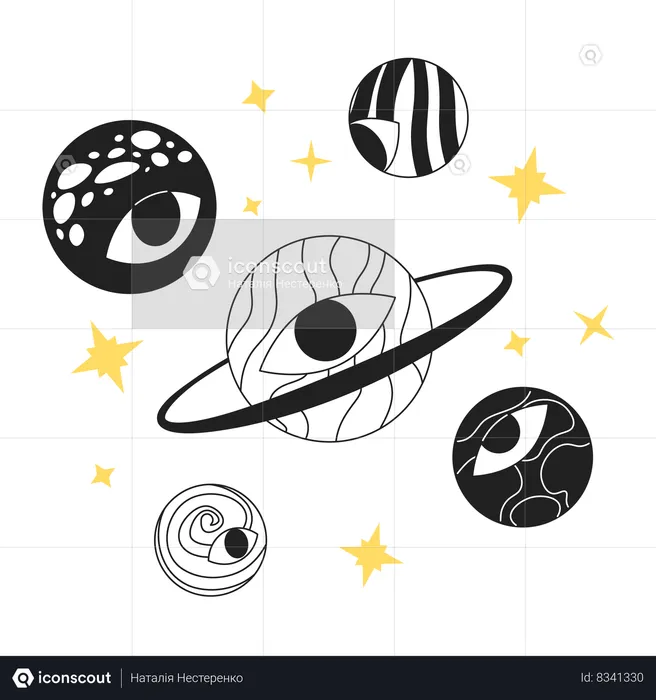 Planètes groovy avec globe oculaire  Illustration