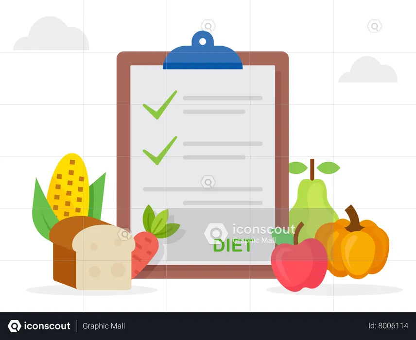 Planification d'une alimentation saine et d'un régime alimentaire avec vaisselle et couverts  Illustration