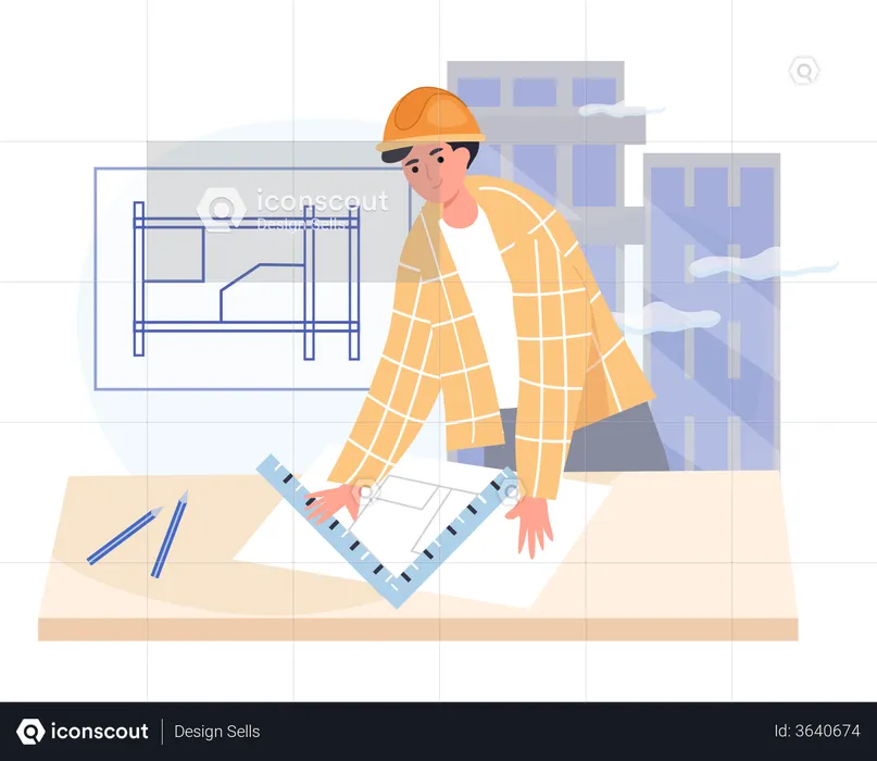 Homem medindo plano de construção  Ilustração