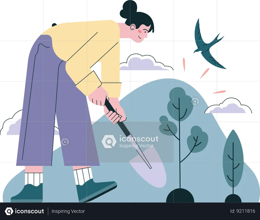 Mulher plantando árvore  Ilustração