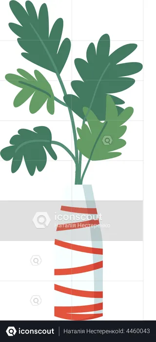 Plante tropicale dans un vase blanc rayé rouge  Illustration