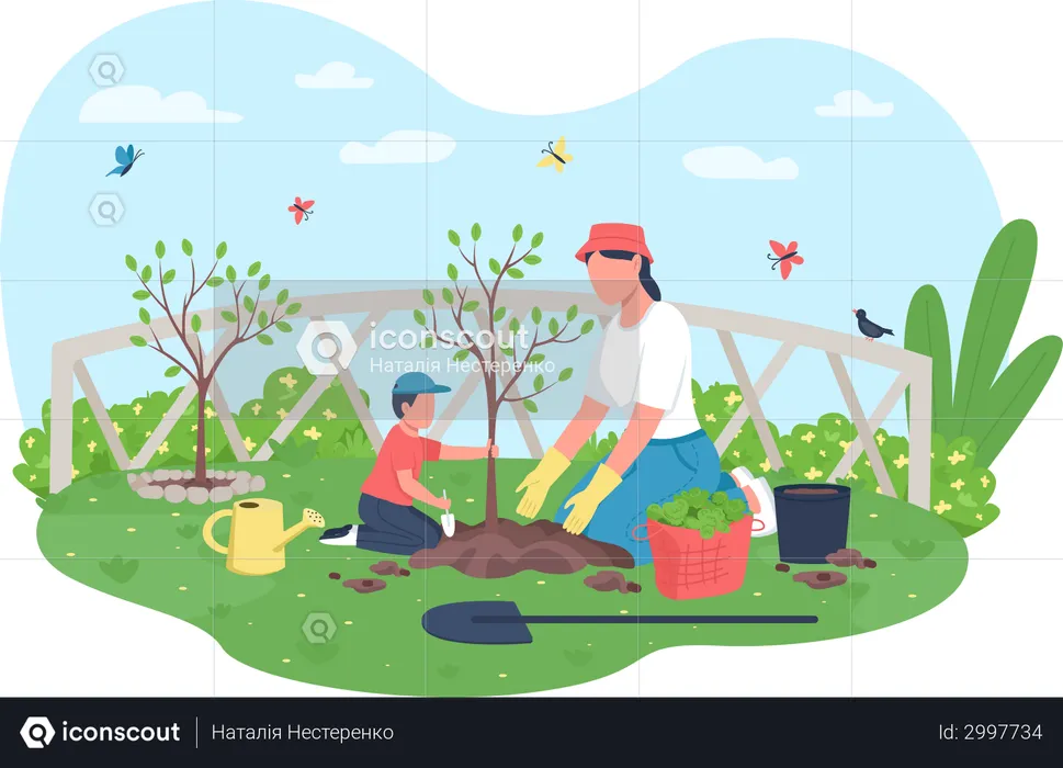 Planting tree together  Illustration