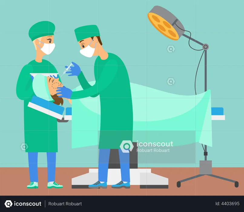 Plastic surgeon doing surgery on patient  Illustration