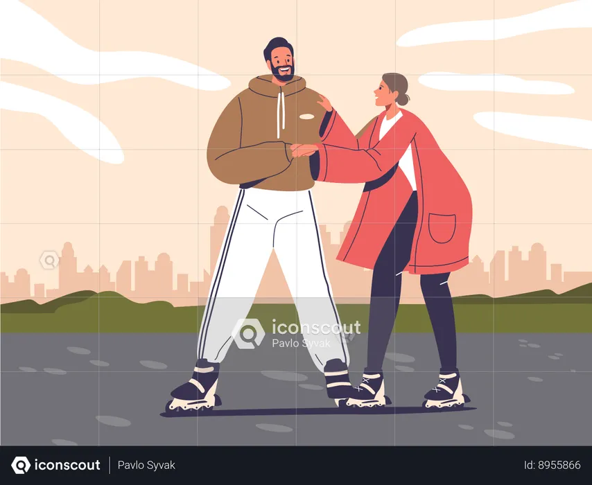 Playful Adult Couple Male And Female On Roller Skates  Illustration
