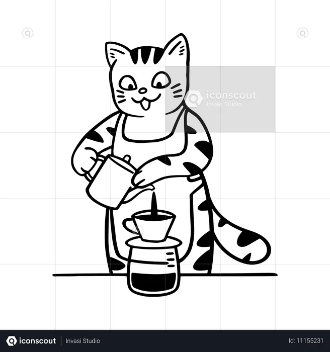 Playful  Cat Pouring Coffee  Illustration