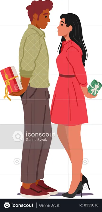 Playful Couple Conceals Festive Gifts Behind Their Backs  Illustration