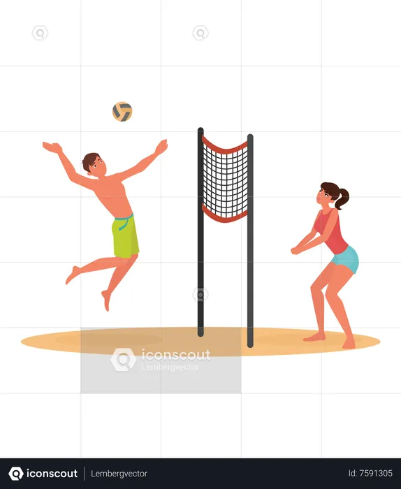 Playing volleyball at beach  Illustration