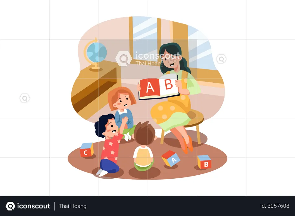 Playschool teacher teaching alphabets to kids  Illustration