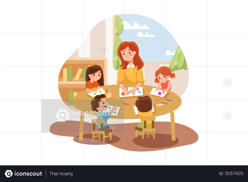 Playschool teacher teaching painting to kids  Illustration