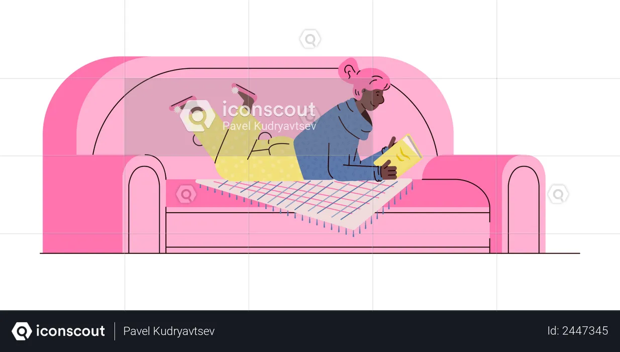 Pleasant reading banner with cartoon woman lying on pink sofa holding a book  Illustration