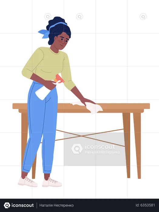 Pleased adult lady wiping table with cloth  Illustration