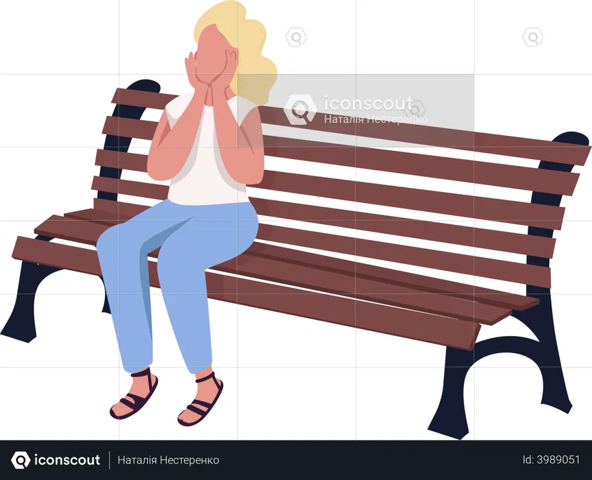 Pleased girl sitting on bench  Illustration