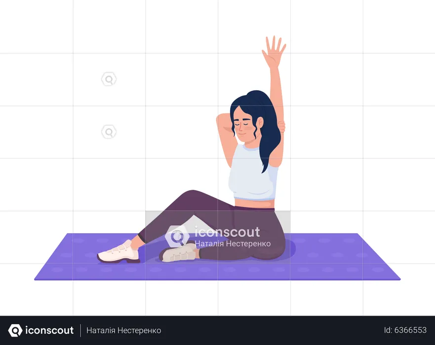 Pleased woman stretching arm muscles on mat  Illustration