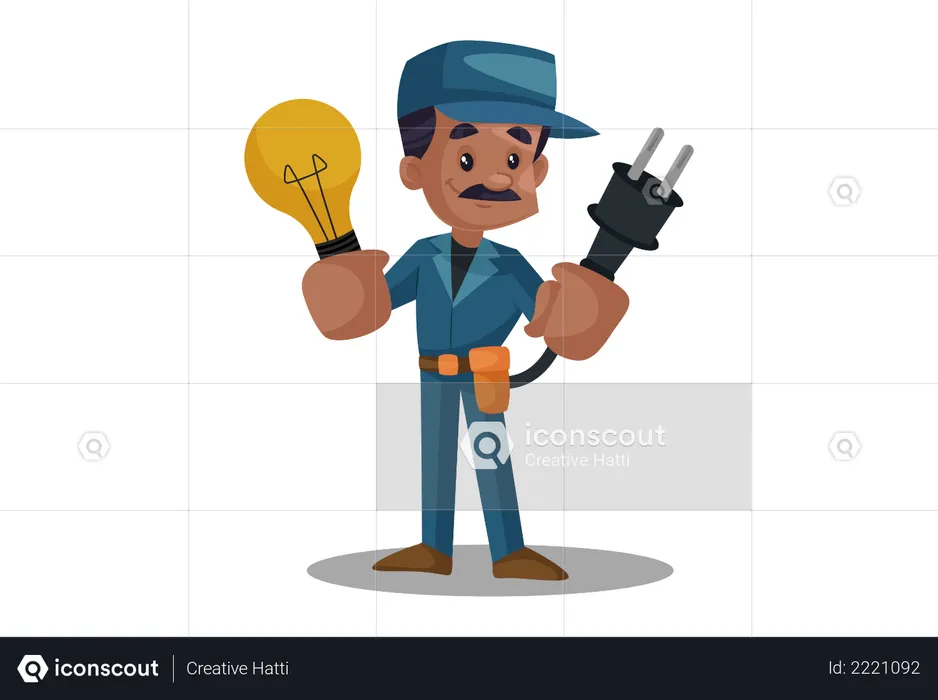 Eletricista segurando plugue e lâmpada  Ilustração