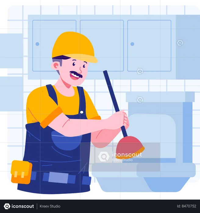Plumber cleaning toilet using plunger  Illustration