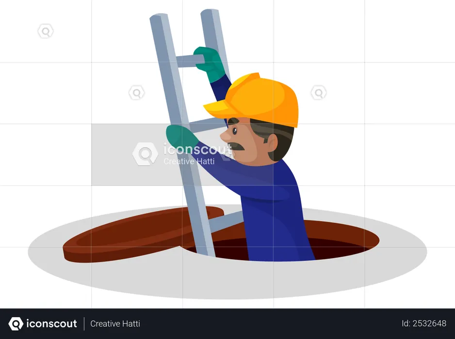 Plumber coming out of hole using ladder  Illustration