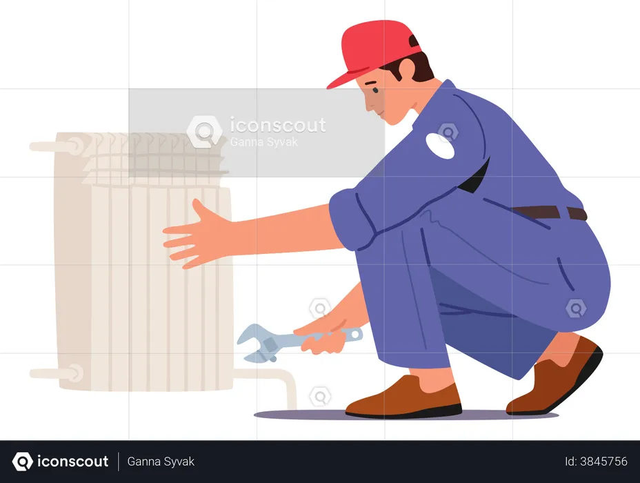 Plumber fixing heating pipes  Illustration