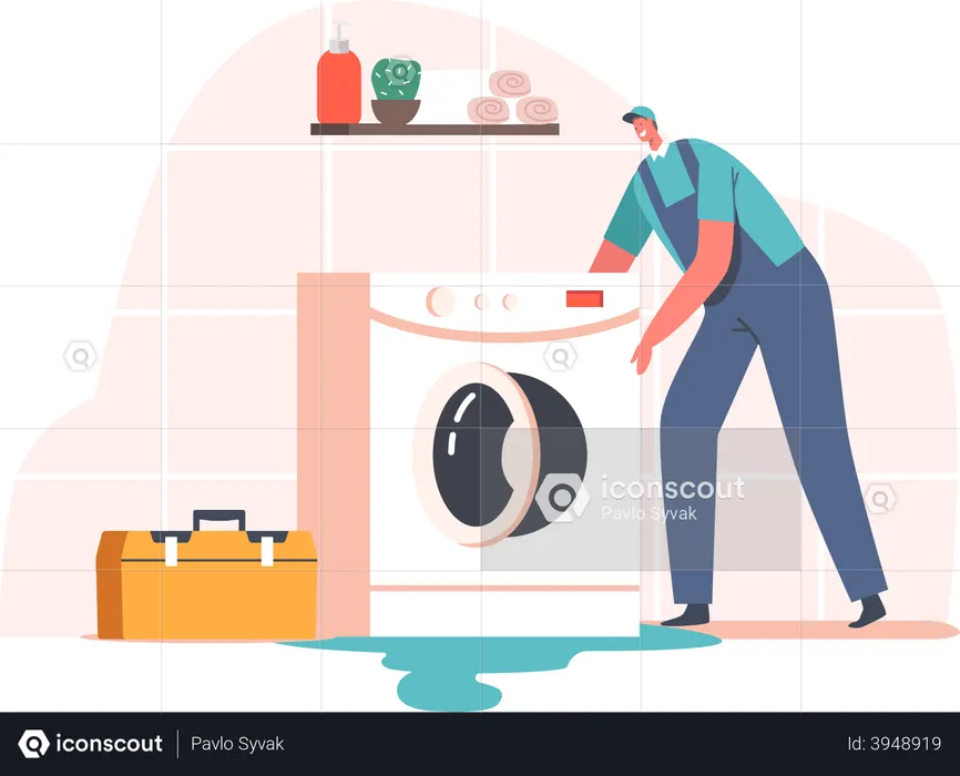 Plumber fixing issues with washing machine  Illustration