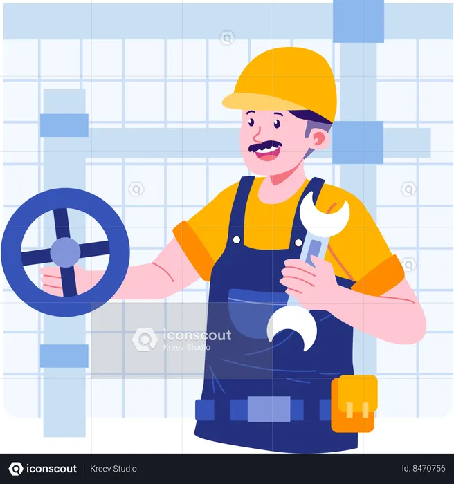 Plumber holding wrench and repairing pipe  Illustration