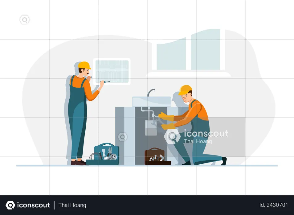 Plumber workers working in the home  Illustration