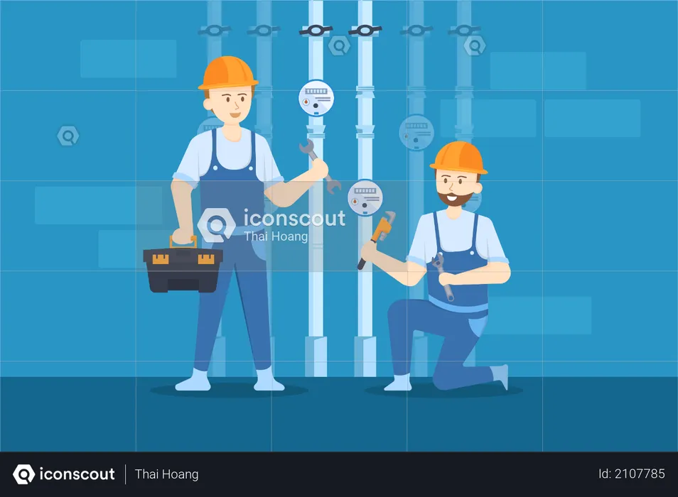 Plumbers are checking and fixing the pressure valves of the pipes  Illustration