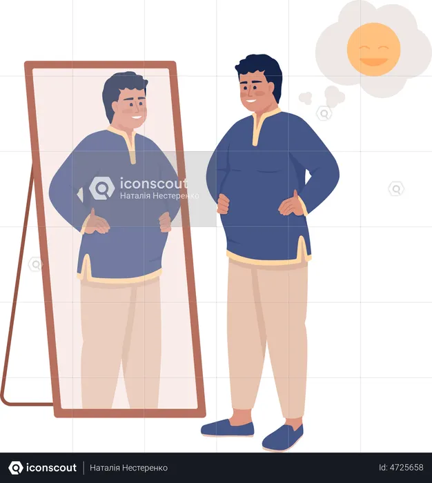Plump man in Indian clothes near mirror  Illustration